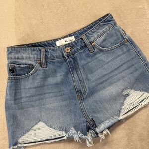KanCan Jean Shorts Womens Medium Lorena High Rise Distressed Raw Hem Medium Wash